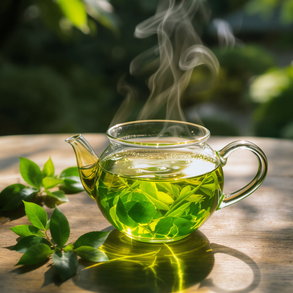 Close-up of green tea leaves steeping in hot water